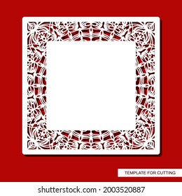 Square frame with a carved pattern. Openwork border with floral ornaments, curls. Wedding invitation, card with place for text (copy space).  Vector template for plotter laser cutting of paper, cnc.