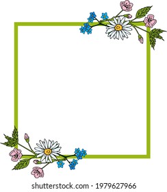 Square frame with chamomile, sakura branches and flowers forget-me-not on white background. Vector image.