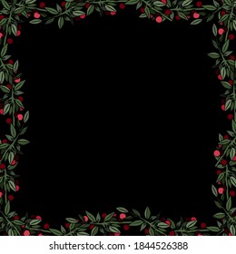 Square frame of cherry berries cartoon style, banner, poster, invitation, postcard, card, party, empty space, text space advertising, signboard, birthday, greetings, garden, bloom, flat style, black