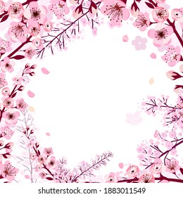 A square frame of cherry blossom branches. Vector illustration