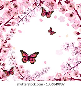 A square frame of cherry blossom branches with butterflies. Vector illustration