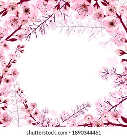 A square frame of cherry blossom branches. Vector illustration