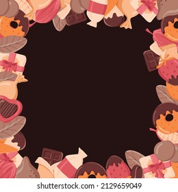 Square frame of chocolate products on a brown background. Ideal for postcards, business cards. Vector illustration.
