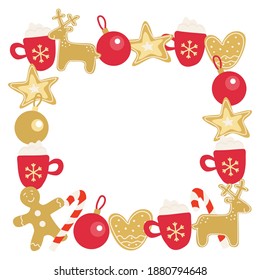 Square frame with Christmas balls, gingerbread, mugs of coffee with whipped cream. Hand drawn vector illustration. Great for Xmas, New year design, greeting cards, invitation template. Red and yellow.