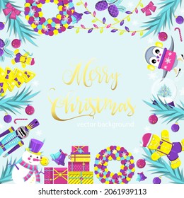 Square frame. Christmas card with New Year's attributes. Flat vector illustration.