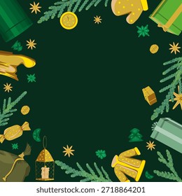 Quadro quadrado com elementos de Natal e Ano Novo em tons verdes em um plano de fundo verde