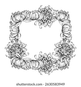 Square frame of chrysanthemums buds. Handmade ink illustration. For packaging design, cards, cover, prints, product labels and fabric.