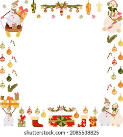 Square frame from the collection of Christmas decor, snowmen, garlands, toys, socks, holiday wreaths. vector illustration in a flat style. frame for the menu for winter holidays