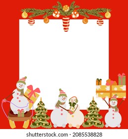 Square frame from the collection of Christmas decor, snowmen, garlands, toys, socks, holiday wreaths. vector illustration in a flat style.