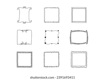 Doodle cuadrado de la línea de colecta de cuadros, floridos, elementos de marco vintage. Diseñar ilustración aislada de estilo de dibujo para banner