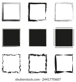 Square frame collection. Paint brush borders. Geometric decoration elements. Grunge style accents. Vector illustration. EPS 10.