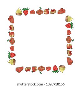 Square frame with colored cakes. Isolated cakes on white background for your design. 