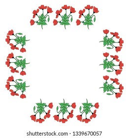 Square frame with colored poppies, poppy Bud and leaf. Isolated wreath of red flowers on white background for your design