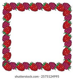 square frame of colored raspberries and blackberries, hand-drawn in cartoon style.