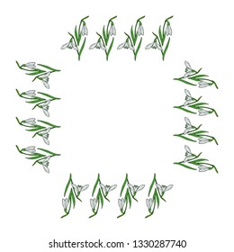 Square frame of colored snowdrops. Isolated flowers  on white background for your design. 
