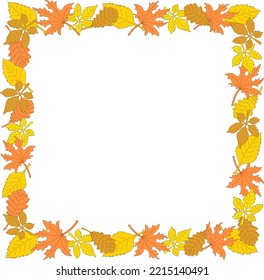 Square frame of colorful autumn leaves. Vector illustration.