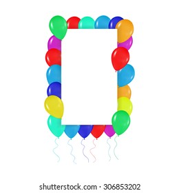 square frame of colorful balloons in the style of realism. to design cards, birthdays, weddings, fiesta, holidays, invitations on a white background