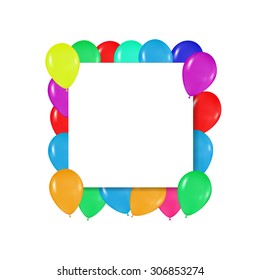 square frame of colorful balloons in the style of realism. to design cards, birthdays, weddings, fiesta, holidays, invitations on a white background