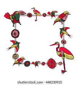 square frame of colorful bird and abstract circles. vector. hand drawing