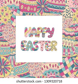 Square frame with colorful doodle eggs with patterns, Happy Easter card