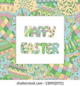 Square frame with colorful doodle eggs with patterns, Happy Easter card