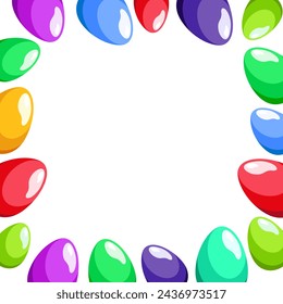 Square frame with colorful Easter eggs for word and text on white background. Spring illustration in flat style. Holiday vector clipart for design of card, banner, flyer, poster