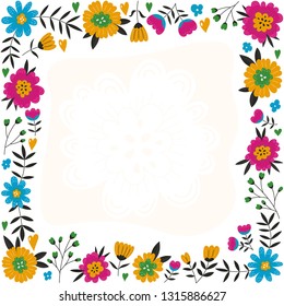 Square frame with a lot of colorful flowers. Design element in flat style for cards or diary page.