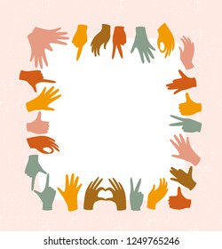 Square frame of colorful hand gesture on the pink background. Vector design for card, invitation or instagram template.