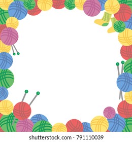 Square Frame of colorful woolen balls of thread, knitting needles and a pair of socks. Vector illustration, eps
