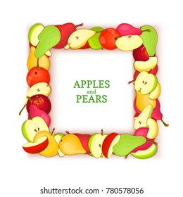 Square frame composed of delicious pear apple fruit. Vector card illustration. Rectangle pears apples frame fruits for packaging design food, juice, jam, ice cream, smoothies, detox, cosmetics cream.