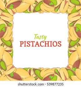 Square frame composed of delicious pistachios nut. Vector card illustration. Nuts frame, pistacia fruit in the shell, whole, shelled, appetizing looking for packaging design of healthy food, menu