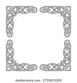 A square frame composed of four distinct Celtic knot corner elements. This design adds a classic and elegant touch, perfect for invitations and certificates.