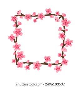 Square frame composed of paper craft stylized blooming sakura branches with flowers and empty space. Seasonal Japanese design.