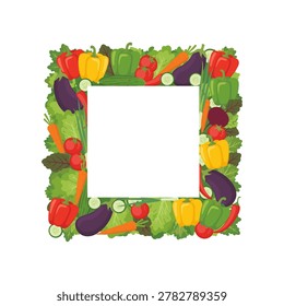 A square frame composed of various fresh vegetables, including red and yellow bell peppers, orange carrots, purple eggplants, green cucumbers, red tomatoes, and leafy green lettuce. The center of the frame is a large white space, text or The vegetables are arranged in a dense, colorful border, showcasing a variety of textures and shapes. The is vibrant and clear, set against a white background.