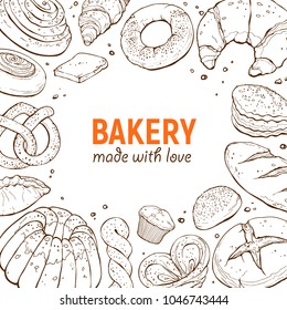 Square frame composition from hand drawn bread in sketch style. Vector illustration for bakery shops. Fresh bread around text banner design.