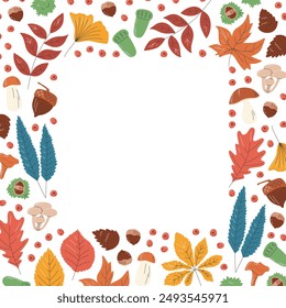 Square frame concept with different foliage. Borders full of cute autumn leaves with copy space. Various colorful fall fruitage and tree elements. Seasonal hand drawn flat vector illustration isolated