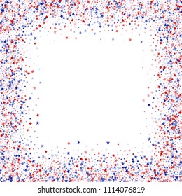 Square Frame of Confetti in Colors of American Flag. 4th of July Pattern Design. United States Texture. Business Presentation Stars Background.