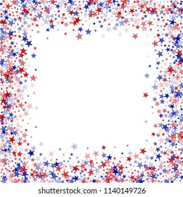 Square Frame of Confetti in Colors of American Flag. USA Concept Poster Pattern Design. Independence Day Texture. Poster, Advertising Stars Background.