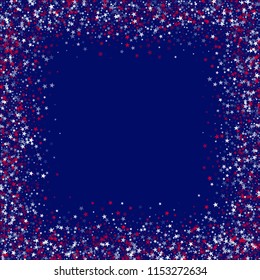 Square Frame of Confetti in Colors of American Flag. USA Concept Poster Pattern Design. American Democracy Texture. Flyer, Cover Stars Background.