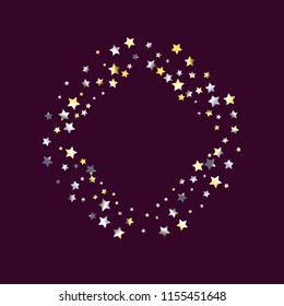 Square frame from confetti stars. Isolated yellow blue white grey  gradient stellar elements. Festive iridescent holographic shine effect vector template for celebration decorations, packaging.