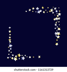 Square frame from confetti stars. Isolated yellow blue white grey gradient celestial elements. Iridescent glitter festive  celebration vector  template for celebration decorations, packaging.