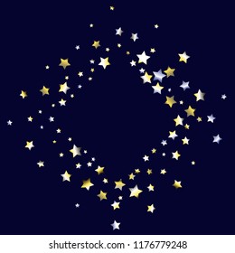 Square frame from confetti stars. Isolated yellow blue white grey gradient celestial elements. Iridescent glitter festive  celebration vector  template for celebration decorations, packaging.