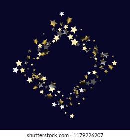 Square frame from Confetti Stars. Isolated gradient stellar elements. Platinum chrome metal glitter. Holiday celebration luminous vector template for celebration decorations, packaging.
