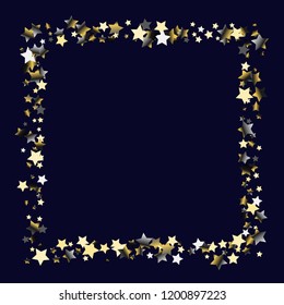 Square frame from confetti stars. Isolated gradient stellar elements. Platinum chrome metal glitter. Holiday celebration luminous vector template for celebration decorations, packaging.