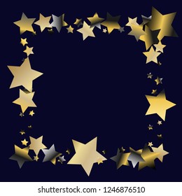 Square frame from confetti stars. Isolated gradient stellar elements. Platinum chrome metallic gloss. Festive iridescent holographic effect vector template for celebration decorations, packaging.