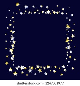 Square frame from confetti stars. Isolated yellow blue white grey gradient celestial elements. Holiday celebration luminous glossy vector template for celebration decorations, packaging.