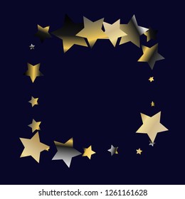 Square frame from confetti stars. Isolated gradient stellar elements. Platinum chrome metallic gloss. Festive iridescent holographic effect vector template for celebration decorations, packaging.