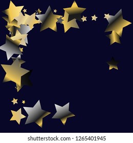 Square frame from confetti stars. Isolated gradient celestial elements. Platinum chrome metallic gloss. Holiday celebration luminous vector template for celebration decorations, packaging.