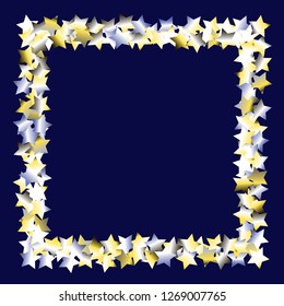 Square frame from confetti stars. Isolated yellow blue white grey  gradient stellar elements. Festive iridescent holographic shine effect vector template for celebration decorations, packaging.