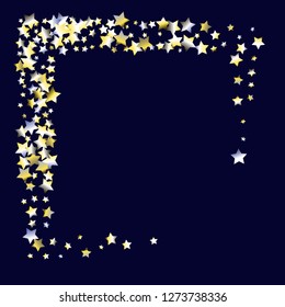 Square frame from confetti stars. Isolated yellow blue white grey  gradient stellar elements. Festive iridescent holographic shine effect vector template for celebration decorations, packaging.